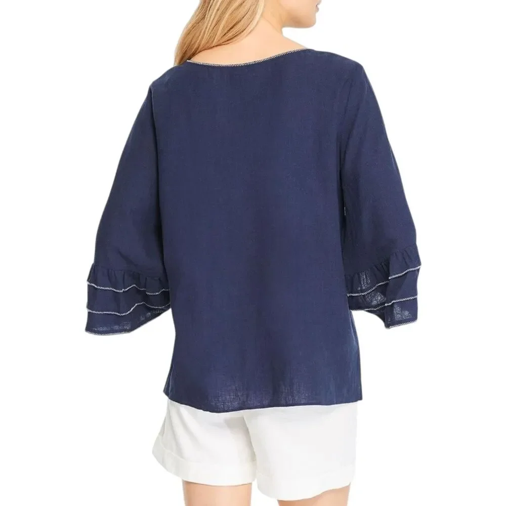 Nic+Zoe Linen Blend Bell Sleeve Blouse Navy Size XL